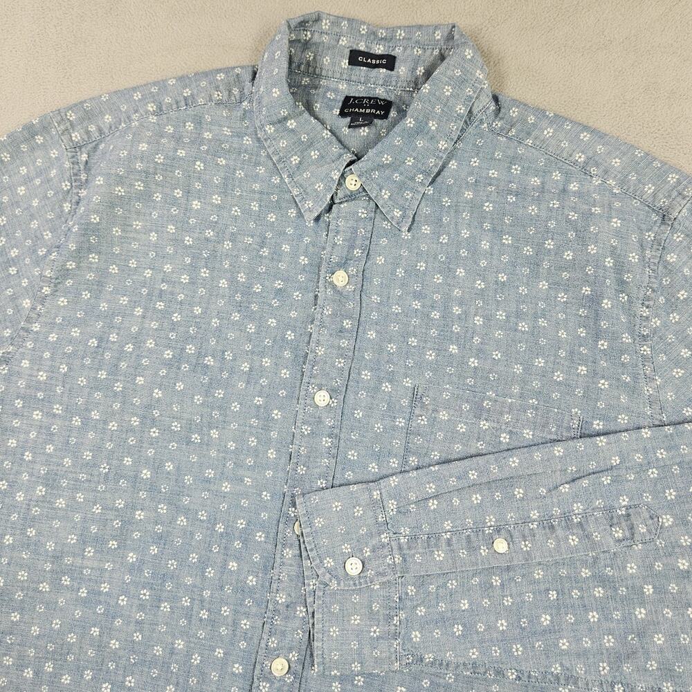 J.Crew Chambray Shirt Mens Large Button Down Blue Floral Print Cotton Classic